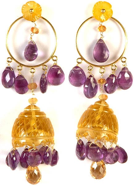 Carved Citrine Umbrella Chandeliers with Faceted Amethyst