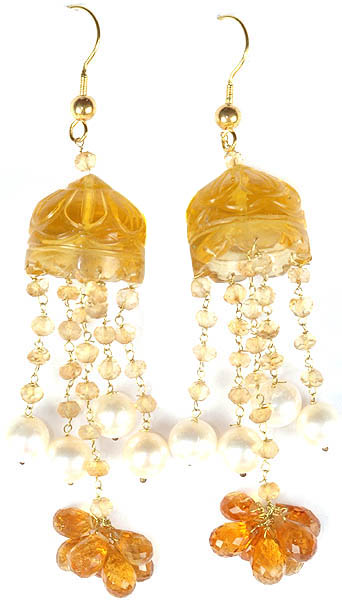 Carved Citrine Umbrella Chandeliers with Pearls