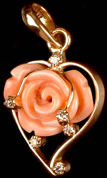 Carved Coral Rose with Diamonds