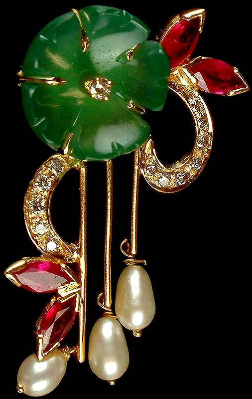 Carved Emerald Designer Pendant with Ruby, Pearl & Diamonds