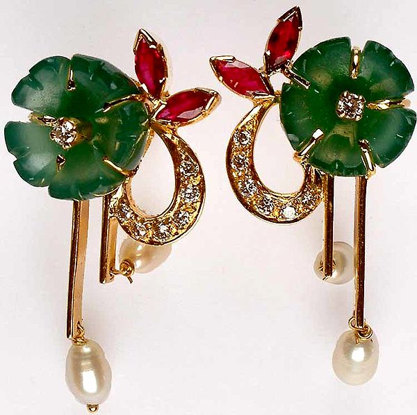 Carved Emerald Earrings with Ruby, Pearl & Diamonds