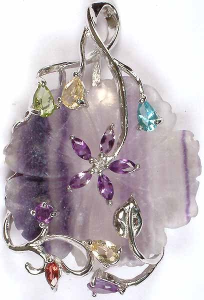Carved Fluorite Pendant with Gemstones