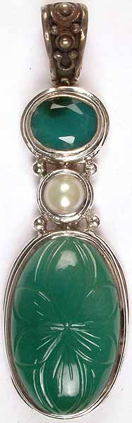 Carved Green Onyx Pendant with Pearl