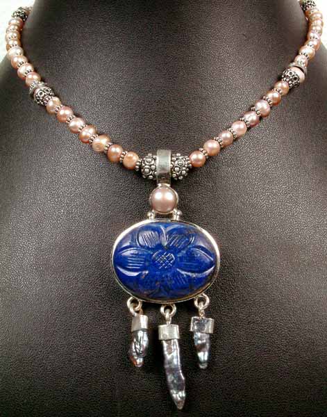 Carved Lapis Necklace with Pink Pearls and Marcasite