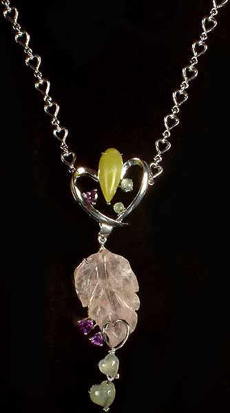 Carved Rose Quartz Designer Valentine Necklace with Gemstones