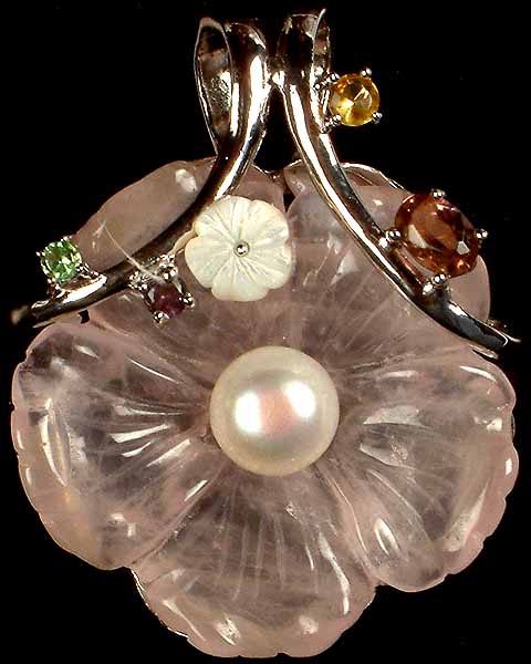 Carved Rose Quartz Flower with Gemstones