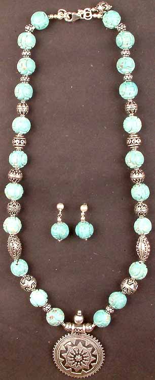 Carved Turquoise Necklace with Matching Earrings Set