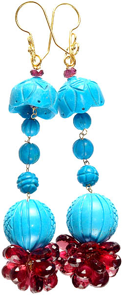 Carved Turquoise Umbrella and Pumpkin Earrings with Faceted Garnet