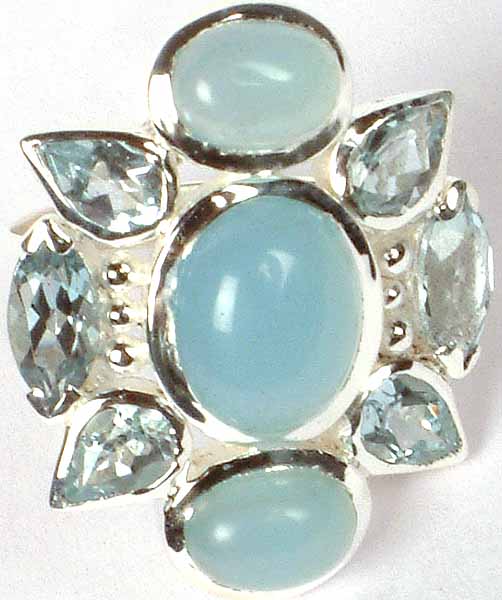 Chalcedony & Faceted Blue Topaz Ring