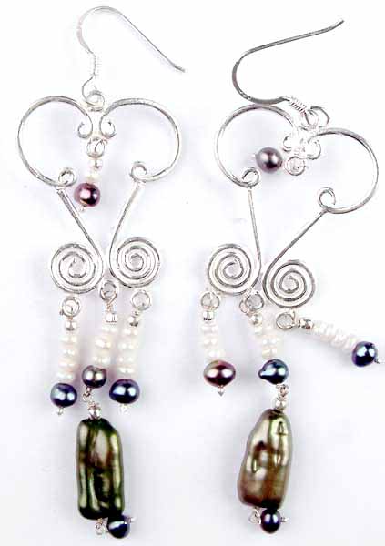 Chandelier Earrings of White and Black Pearls