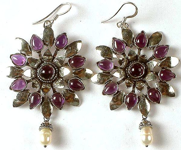 Charming Amethyst Flower Earrings with Dangling Pearl