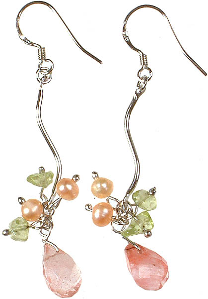 Cherry Quartz Designer Earrings with Pearls and Peridot