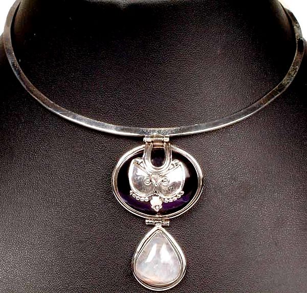 Choker Necklace of Amethyst and Rainbow Moonstone