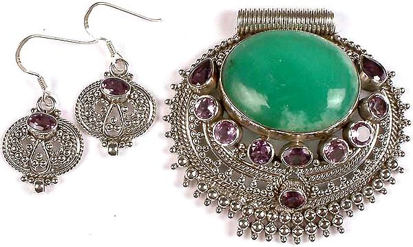Chrysophrase & Faceted Amethyst Pendant with Matching Earrings