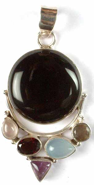 Circular Black Onyx Pendant with Gemstones