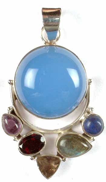 Circular Blue Chalcedony Pendant with Gemstones