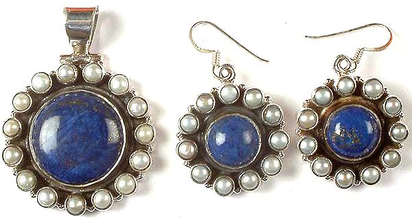Circular Lapis Lazuli Pendant & Earrings Set with Pearl