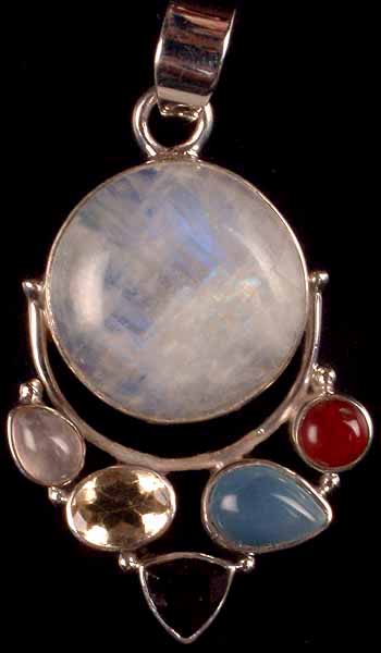 Circular Rainbow Moonstone Pendant with Gemstones