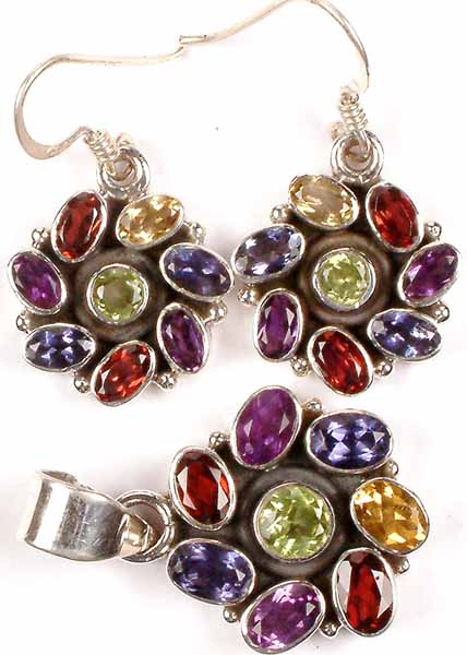 Colorful Gemstone Pendant and Earrings Set