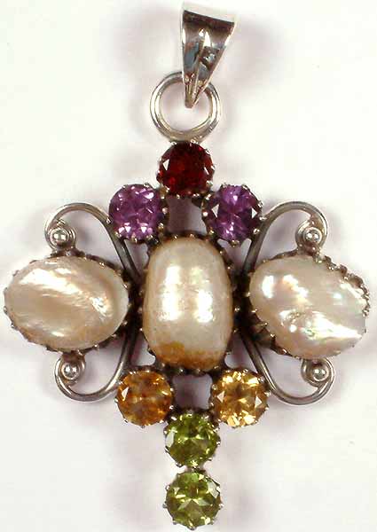 Colorful Gemstone Pendant with Pearl