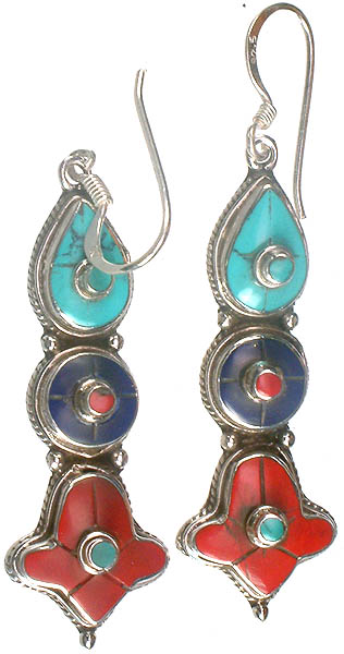 Coral and Lapis Lazuli Inlay Nepalese Earrings with Turquoise