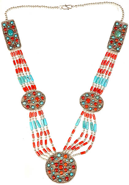 Coral and Turquoise Beaded Necklace from Ladakh