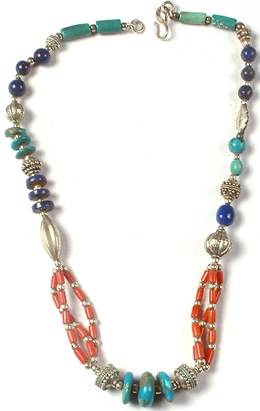Coral and Turquoise Beaded Necklace with Lapis Lazuli