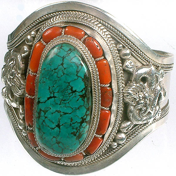Coral and Turquoise Bracelet with Dragons