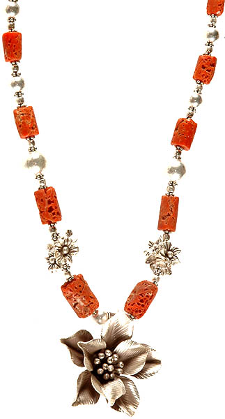 Coral Beaded Necklace with Blooming Flowers