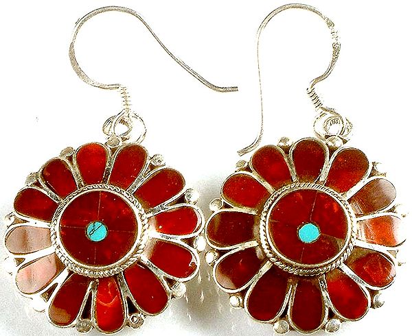 Coral Flower Earrings with Central Turquoise