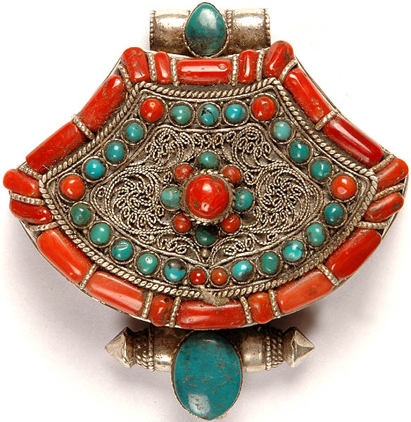 Coral Gau Box Pendant with Turquoise and Fine Filigree Work