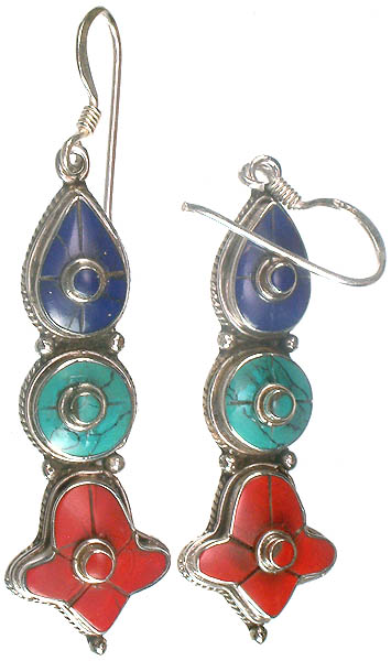Coral, Lapis Lazuli and Turquoise Inlay Earrings