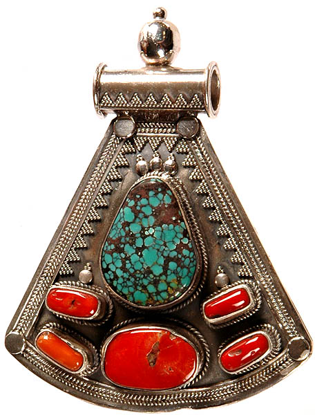 Coral Pendant with Spider's Web Turquoise