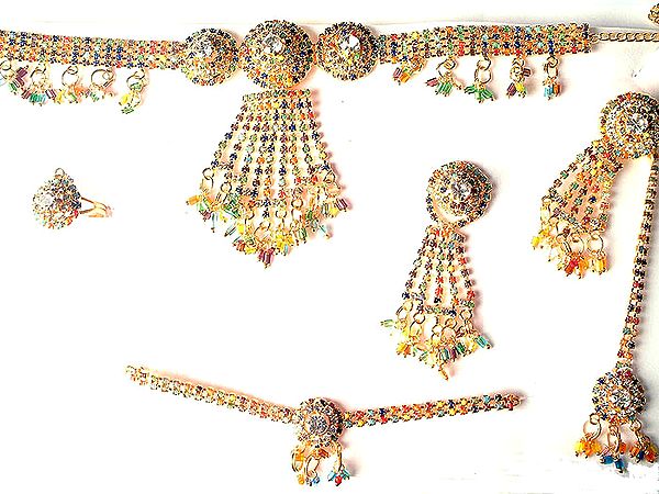 Costume Necklace with Jhumka Earrings, Mang Tika, Bracelet and Finger Ring Set