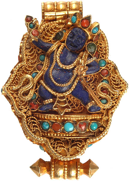 Crown Buddha Carved in Turquoise Gold Plated Gau Box Pendant with Vajrapani Carved in Lapis Lazuli At Front