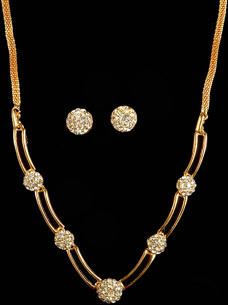 Cut Glass Bunch Golden Necklace with Matching Earrings Set