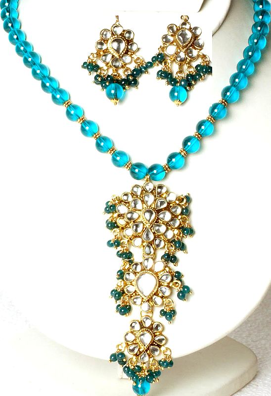 Cyan Kundan Necklace Set with Glass Beads