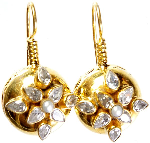 CZ Gold Plated Earrings with Central Pearl