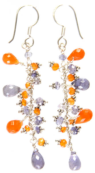 Dangling Earrings of Faceted Carnelian and Iolite