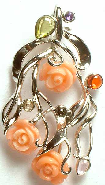 Designer Carved Coral Rose Pendant with Gemstones