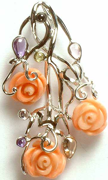 Designer Carved Coral Rose Pendant with Gemstones