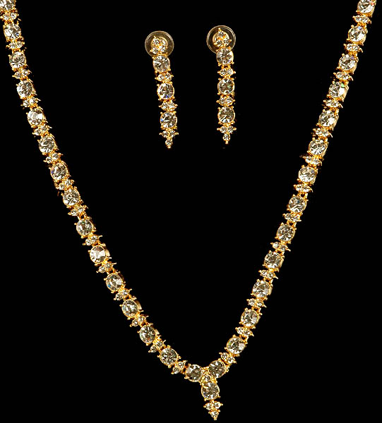 Designer Cut Glass Golden Necklace with Matching Earrings Set