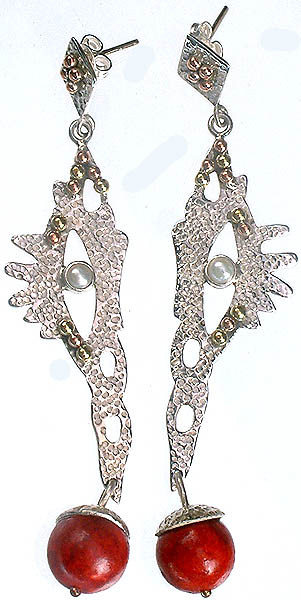 Designer Dangling Sponge Coral Earrings with Pearl