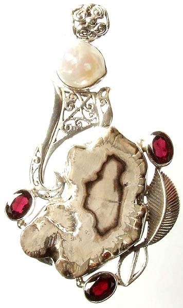 Designer Gemstone Pendant (Fossil, Garnet and Pearl)