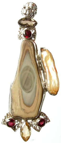 Designer Gemstone Pendant (Fossil, Garnet, Citrine and Pearl)