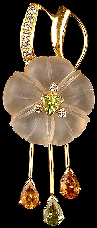 Designer Gold Pendant with Carved Crystal Flower
