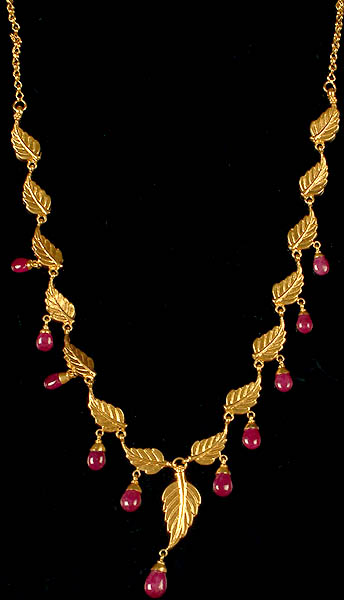 Designer Leaves Necklace with Dangling Rubies