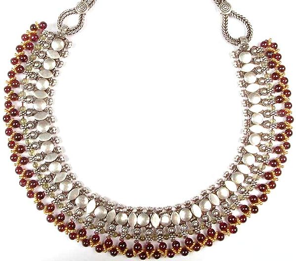 Designer Necklace from Rajasthan with Gold-Plated Beads, Peridot and Garnet
