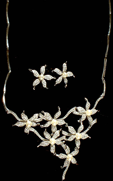 Designer Pearl and Cubic Zirconia Flower Necklace with Matching Earrings Set