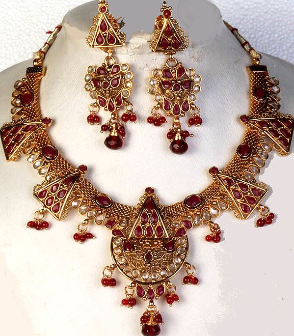 Designer Polki Necklace Set with Faux Rubies